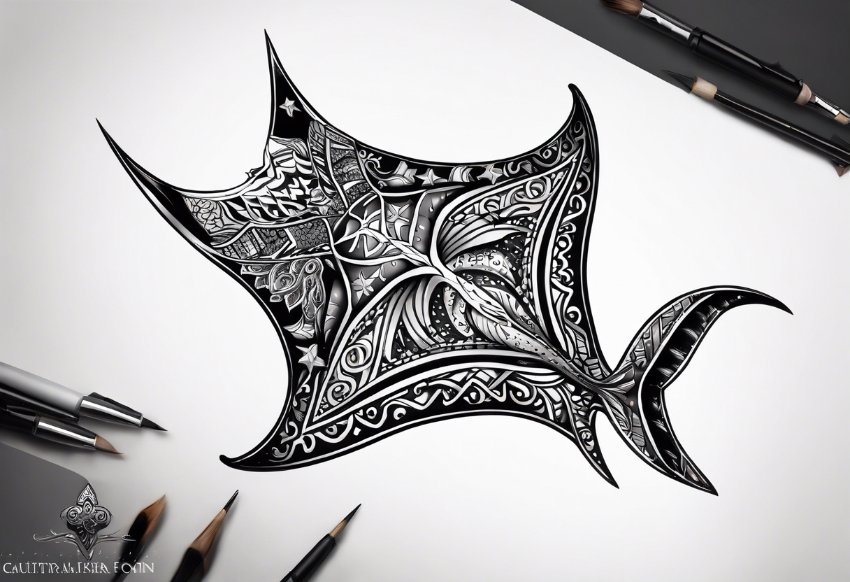 A manta ray with a sea star as a tribal tattoo. A smaller tattoo for female forearm or wrist tattoo idea