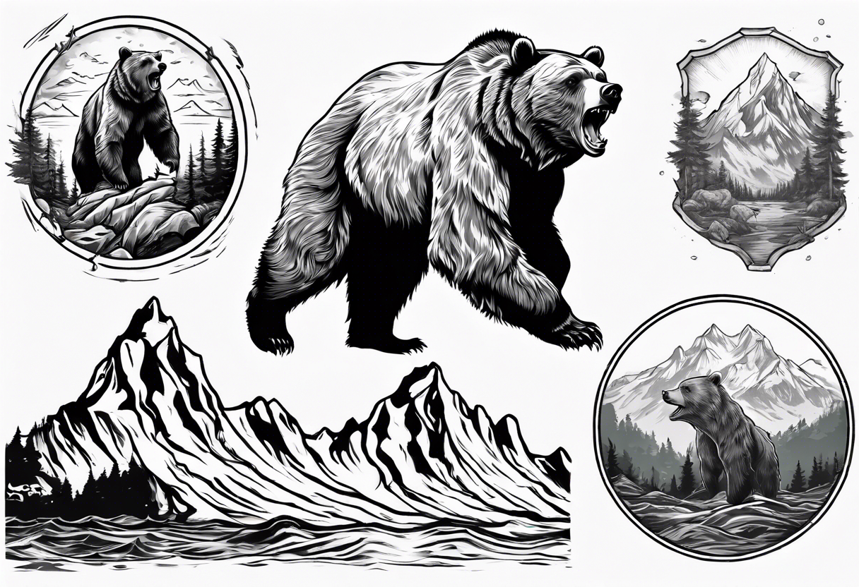 A transparent growling grizzly bear standing on hind legs and inside the bear a realistic depiction of the triglav mountain in slovenia and under the sea pounding the mountain. All inside the bear tattoo idea