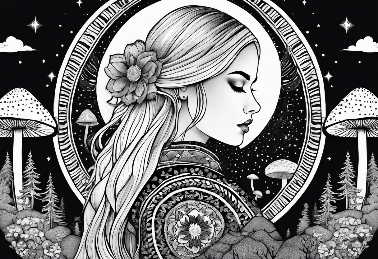 Straight blonde hair girl facing away toward mountains surrounded by mushrooms crescent moon mandala circular design black and white striped dress figure 8 tattoo idea