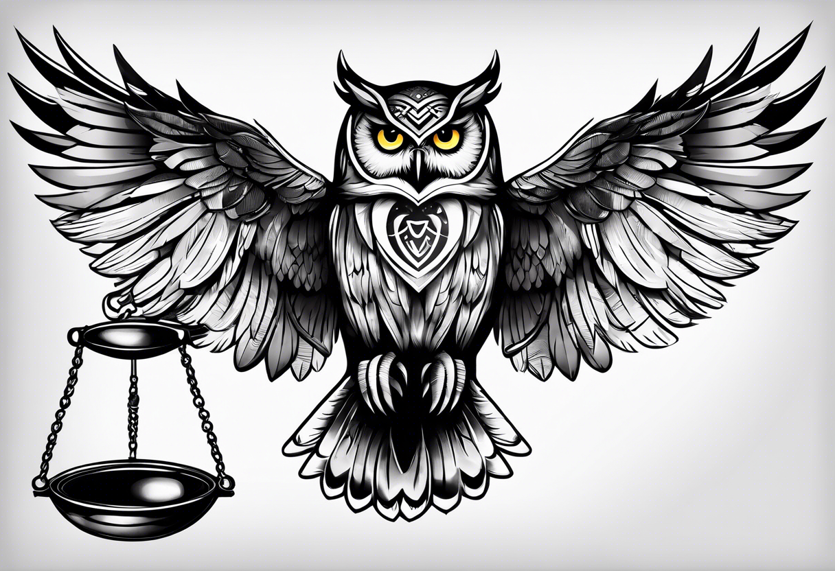 owl flying with libra scale tattoo idea