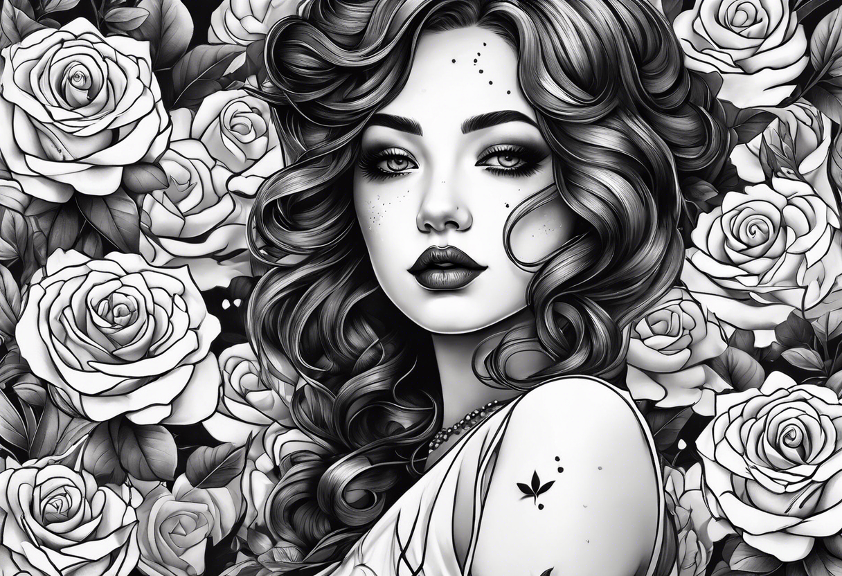 mime girl in white dress surrounded by roses tattoo idea