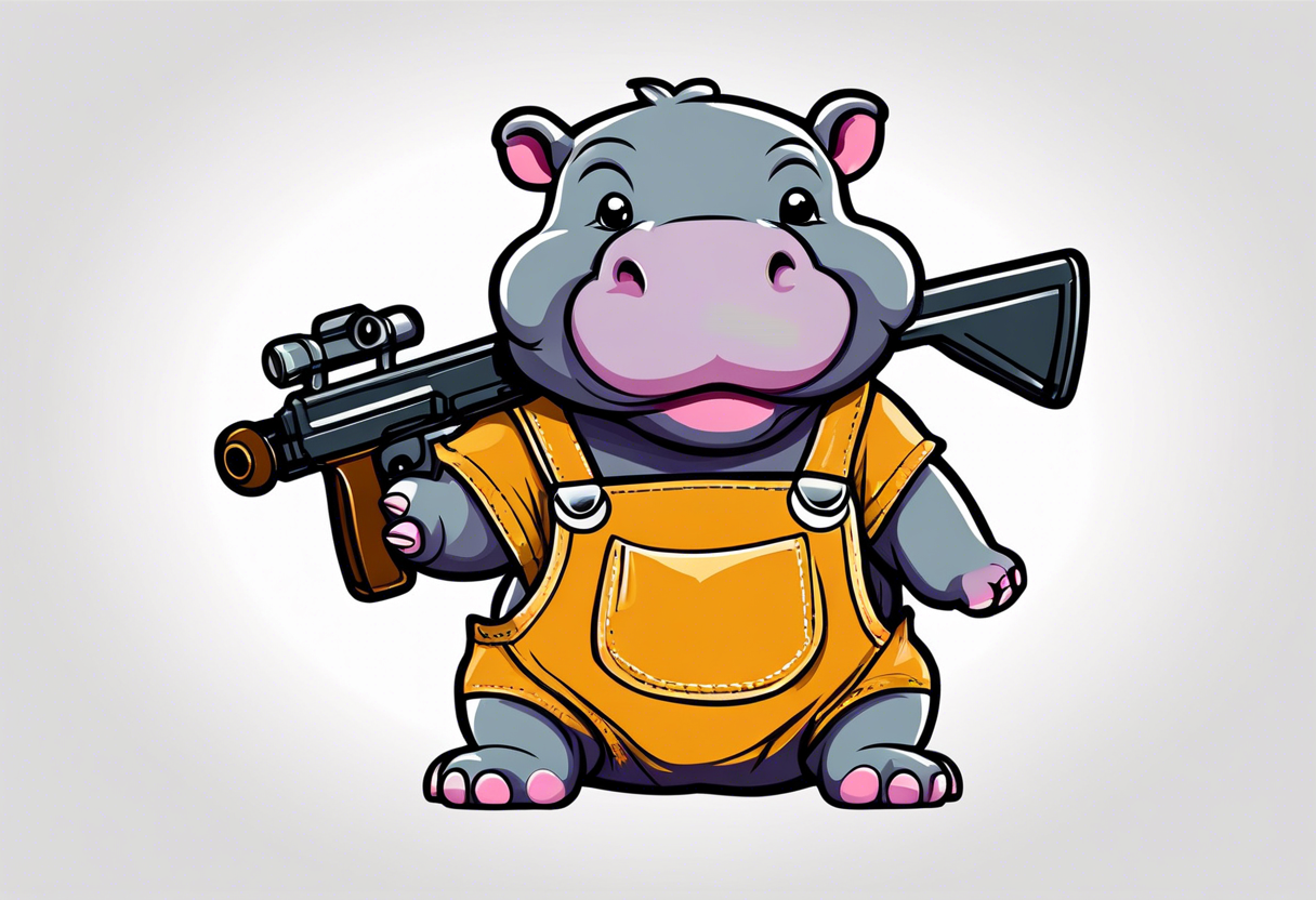 Baby hippo wearing overalls and holding a weapon tattoo idea