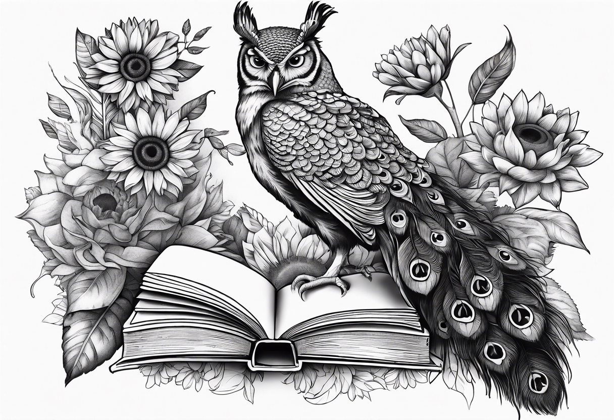 peacock, owl, book, camera , sunflower tattoo idea