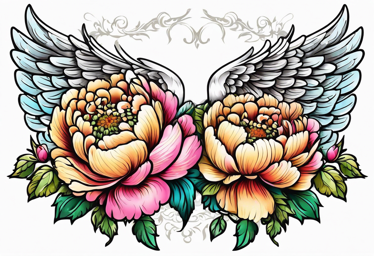 beautiful angel wings with colorful, peonies. beautiful flilligree in the background , full color, traditional old school , white background tattoo idea