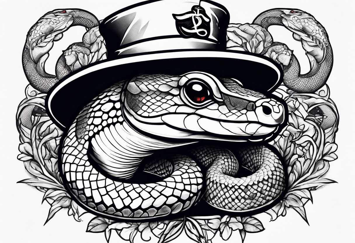 a python eating a little mouse
Wearing 
a sailor hat that says snake farm tattoo idea