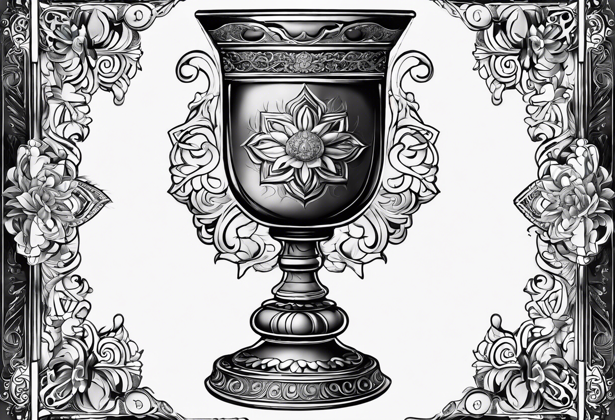 Illustrate a sacred chalice filled with symbolic water from different religious traditions, representing the shared essence of purity and spiritual nourishment. tattoo idea