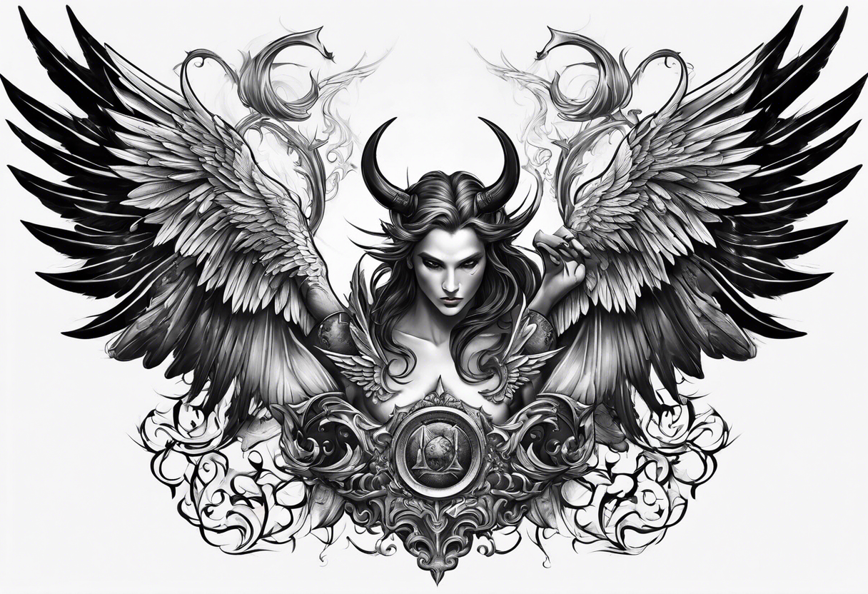 Devil with angel wings fighting upward tattoo idea