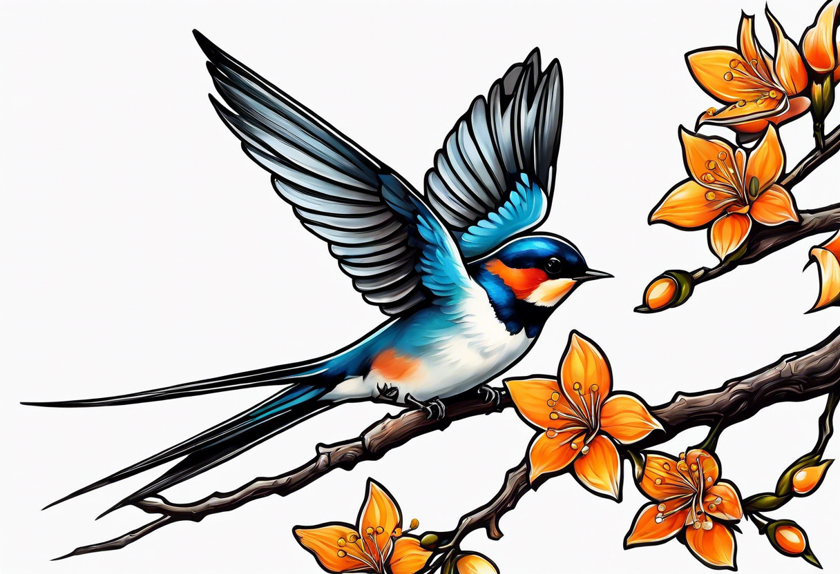 swallow lifting off of branch with orange blossoms tattoo idea