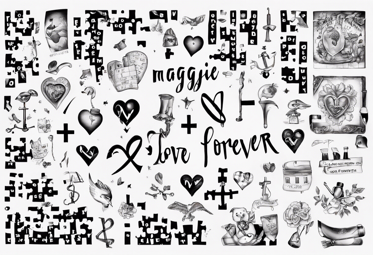 The words Maggie and Lucas and Love and Forever in a crossword puzzle tattoo idea