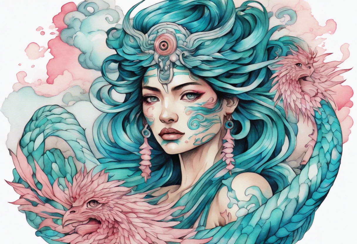 a turquoise and white and pink Quetzalcoatl-woman hybrid with beautiful eyes emerging from the blue waves of the ocean tattoo idea