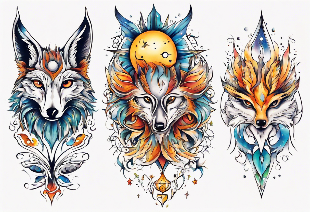 fisch, fuchs und eule , symetrie  sonne, universum, bunt, " sapere aude" tattoo idea