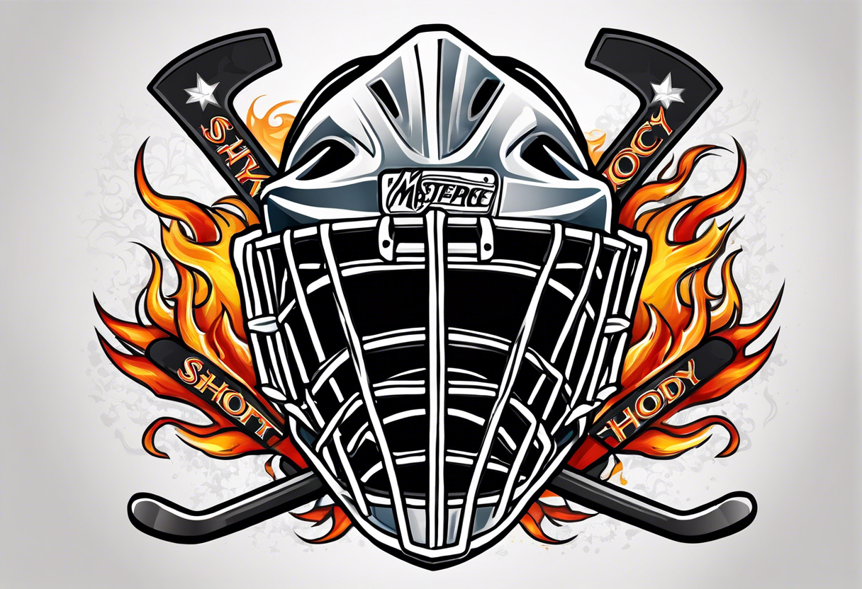 puck hitting a goalie mask with crossed hockey sticks in the background and flames that says "SHOT HOCKEY" tattoo idea