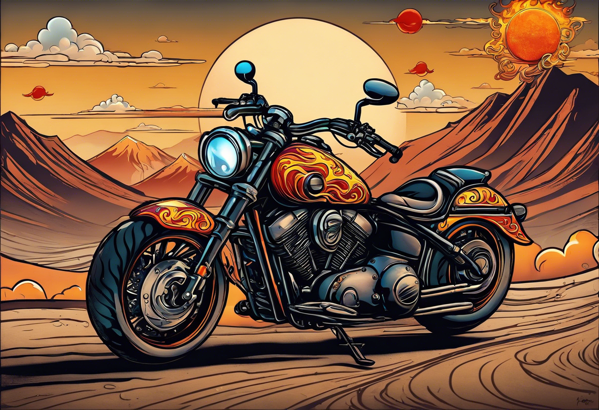 A single eyeball with arms & legs & a mustache riding a motorcycle with flames coming out the pipes. The rider should be face on and there should be a desert scene in the background tattoo idea