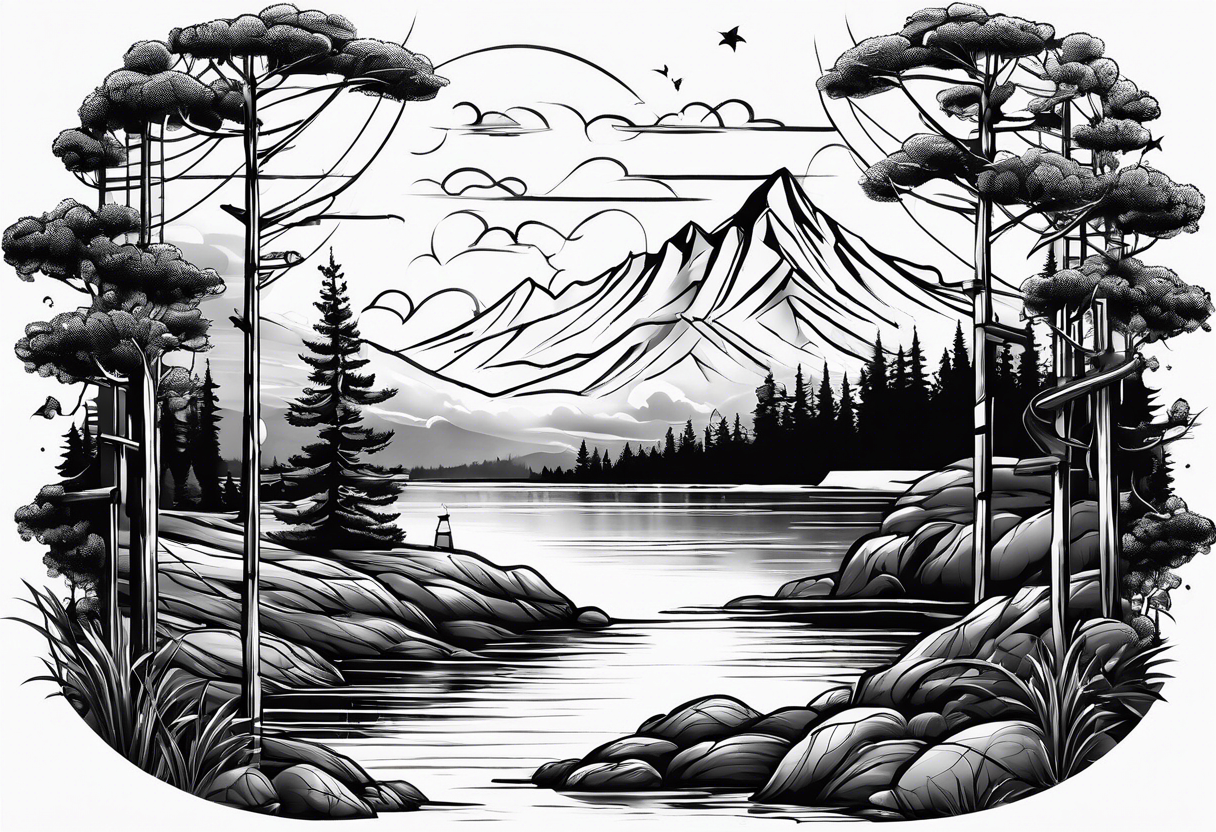 landscape and fishingpole and line with hook tattoo idea