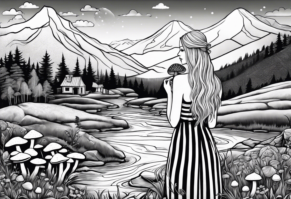 Straight long blonde hair girl standing in right corner in distance holding mushrooms in hand facing away toward mountains and creek surrounded by mushrooms black and white striped dress tattoo idea