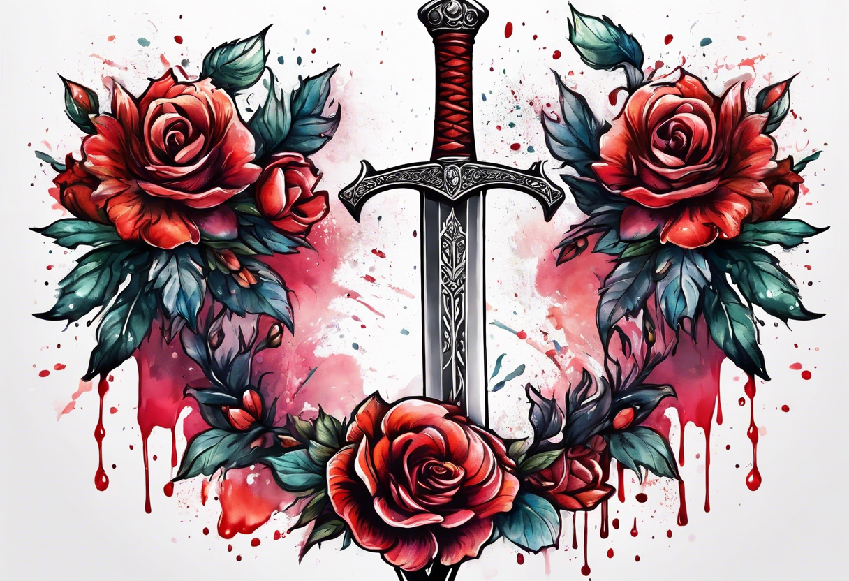 Bloody sword dripping into flowers tattoo idea