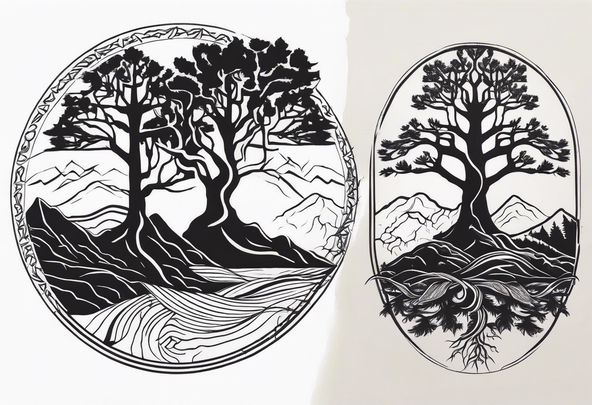 Three mountains three trees with roots tattoo idea