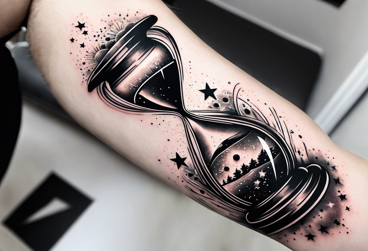 Hourglass with star stuff and cosmic dust exploding from the top and bottom of the hourglass. Long tattoo to fit on the forearm, mascuine tattoo idea