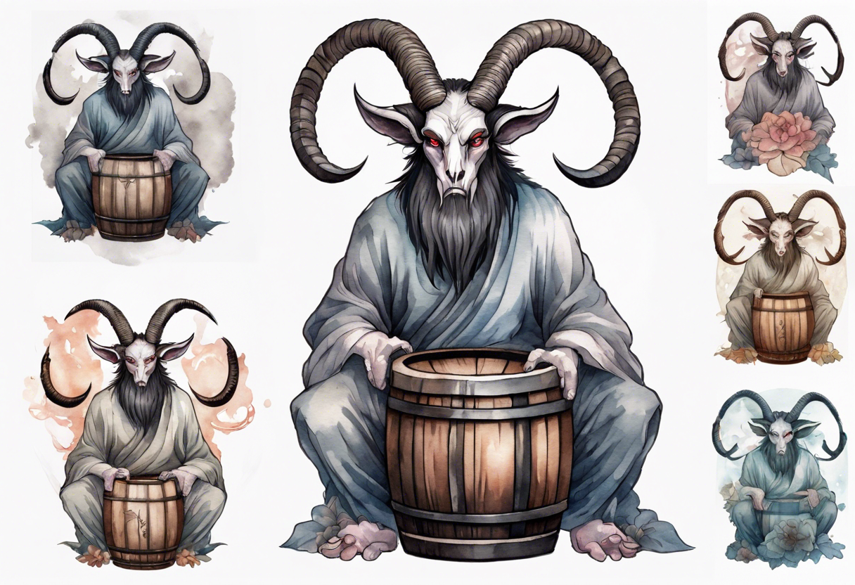 a barrel-chested Baphomet wearing a grey tunic tattoo idea