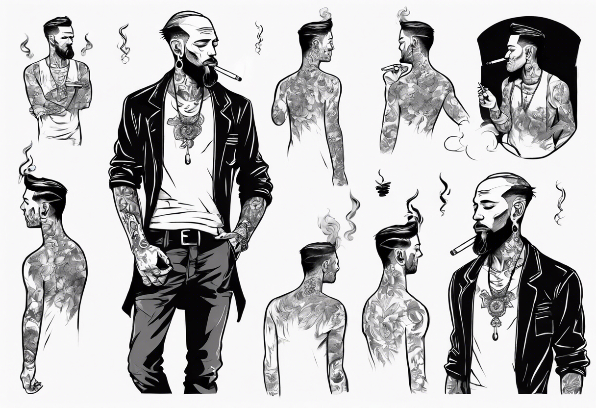 A man standing full-length, smoking a cigarette, with earrings in his ears, no headgear tattoo idea