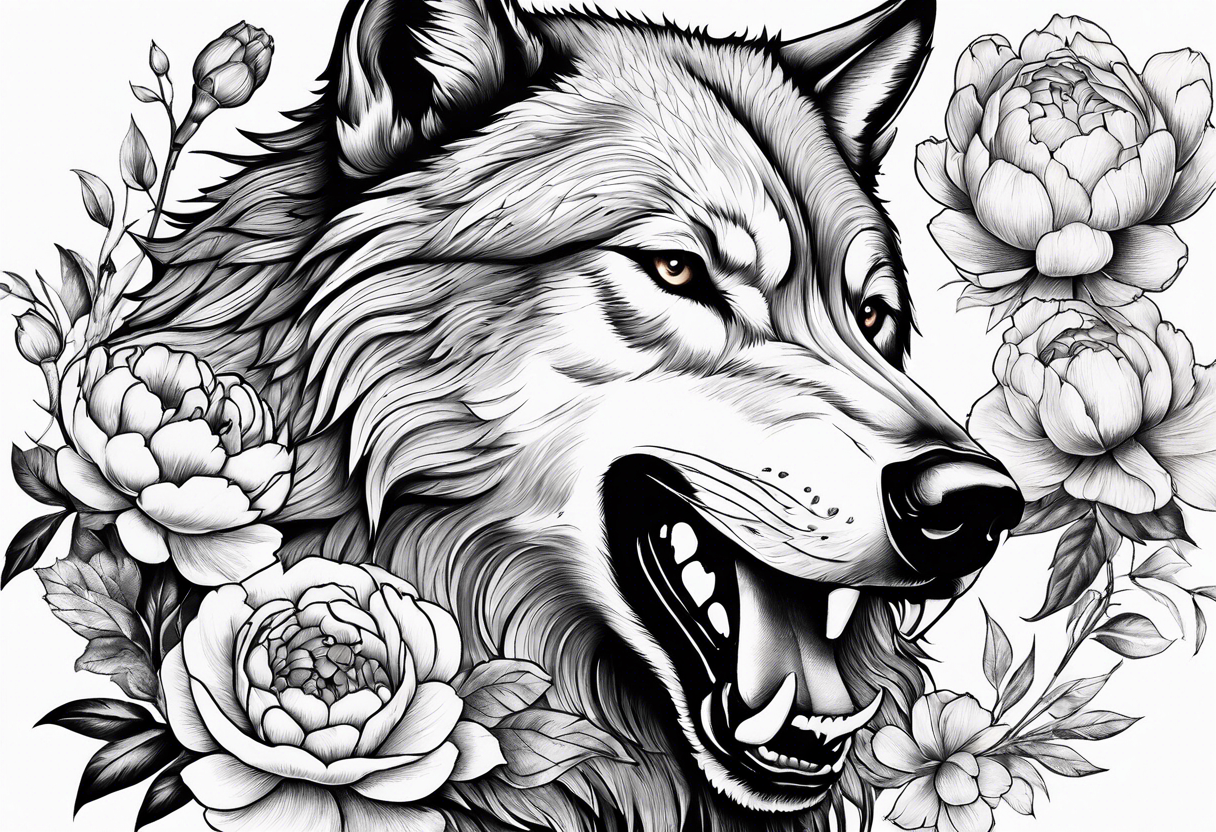 Wolf fighting with bear with peonies and smoke tattoo idea