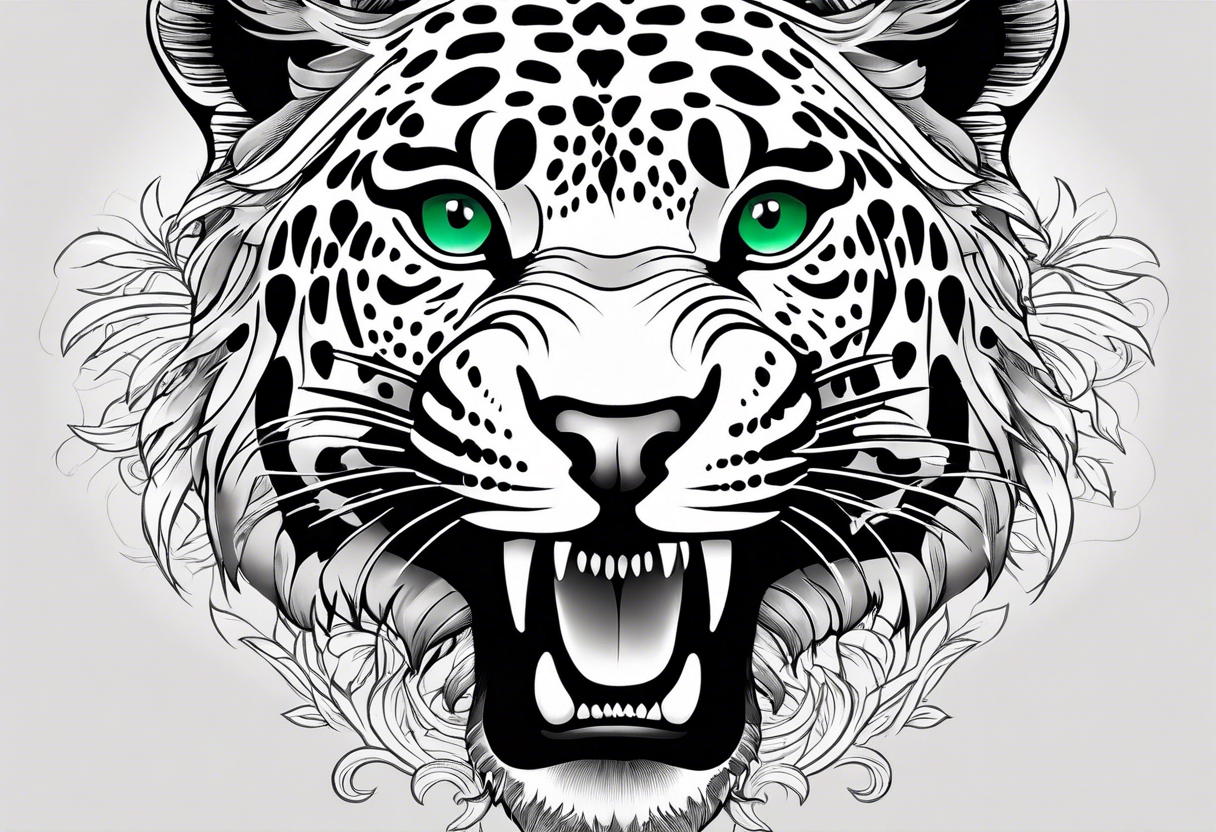 Create and black and grey realistic jaguar walking toward you with rainforest background for a forearm tattoo. Have the jaguars eye colored with emerald green and mouth open tattoo idea
