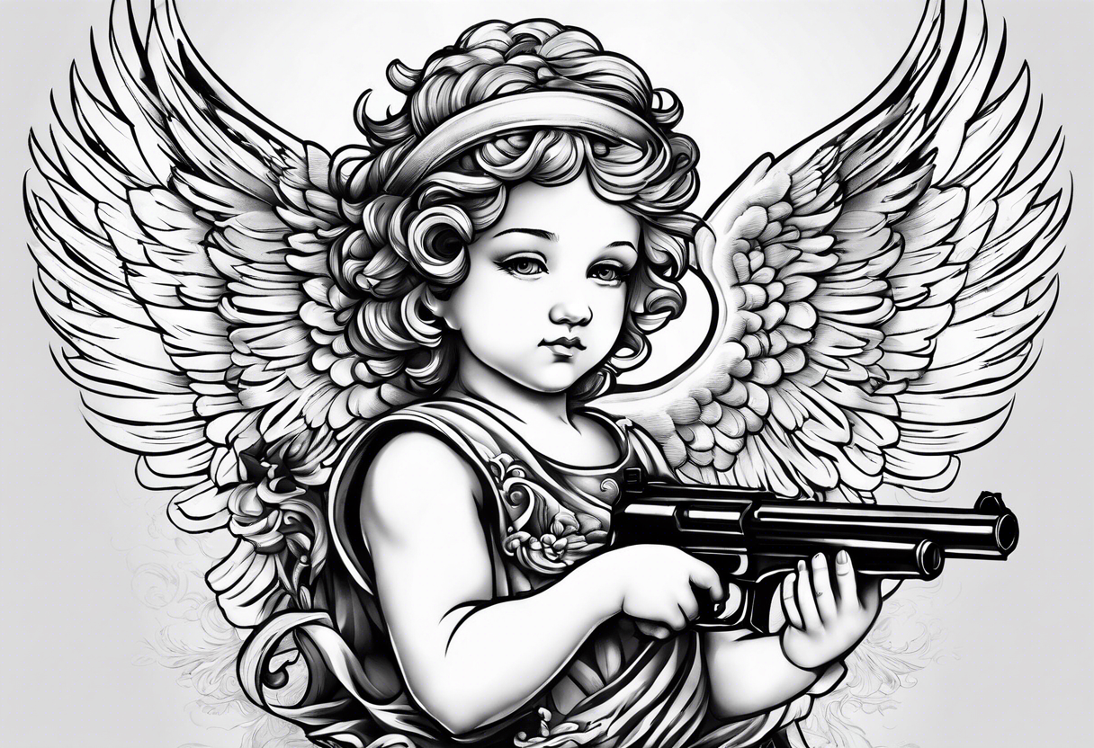 Cherub angel with a gun in the sky tattoo idea