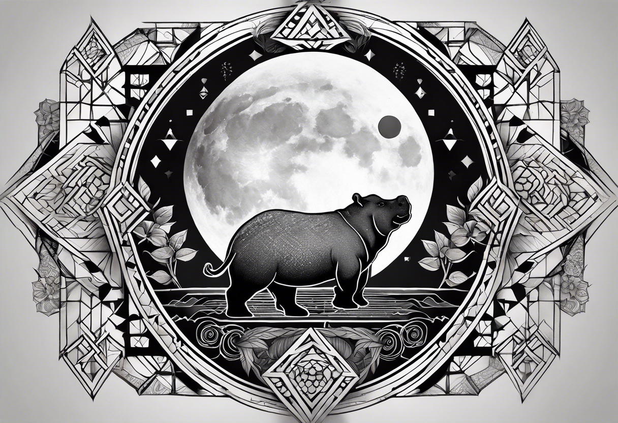 Very asymmetrical, +geometric pattern, with realistic full moon, with hippo at side look, +tribal, +geometric, +inkart , +blackwork, +grey scale, + sketch
with wintersweet flower bud, +inkart touch, tattoo idea