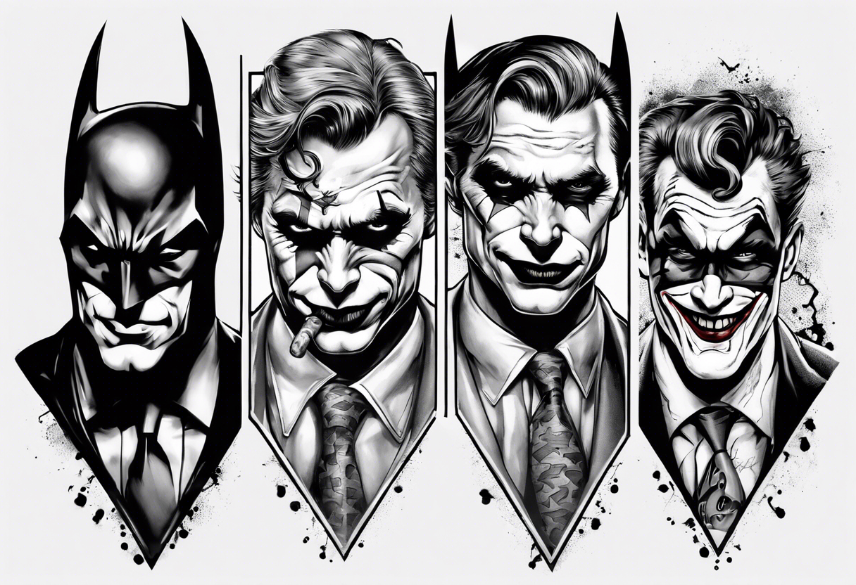 batman, joker, riddler, and two face in gotham sleeve tattoo idea