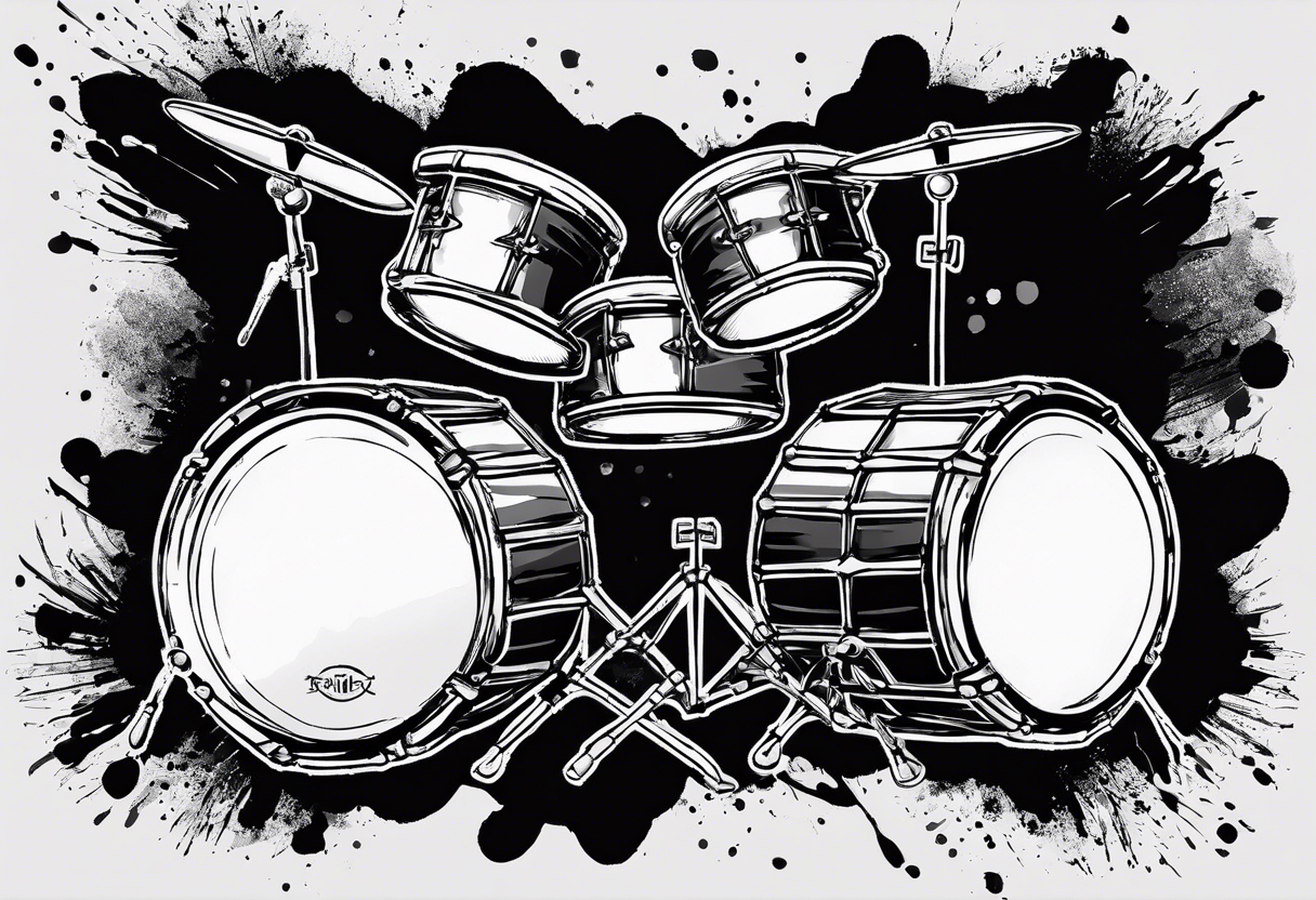 Stylized drums with sticks crossing over them, and a burst effect in the background to represent the energy of playing. tattoo idea