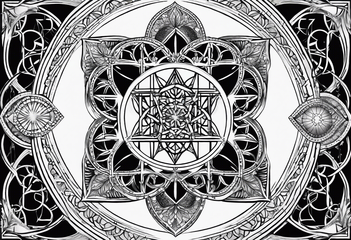 sleeve tattoo for women with symbols of sacred geometry: Metatron's cube, Kabbalah tree of life, flower of life tattoo idea