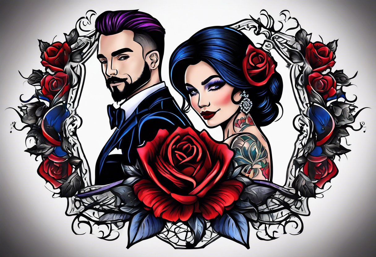 Tattoo for a bride and a groom. Wedding theme was "Even in Death". Wedding date was 4/14/2024. Colors were black and dark purple, blue, red. tattoo idea