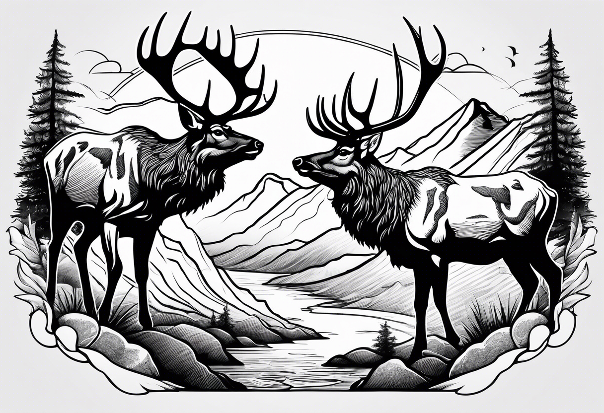 two elk fighting with mountains and stream in background tattoo idea