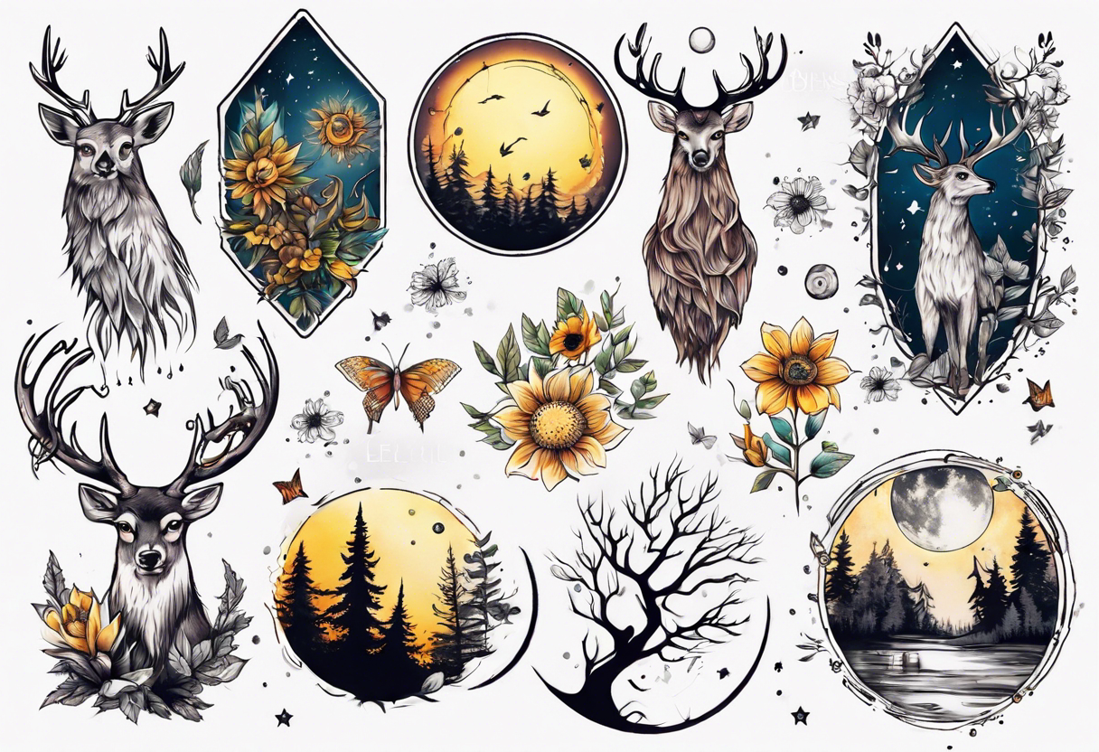 wasser, sonne, mond, eule  wald, hirsch, blume des lebens, 
baum, berlin tattoo idea