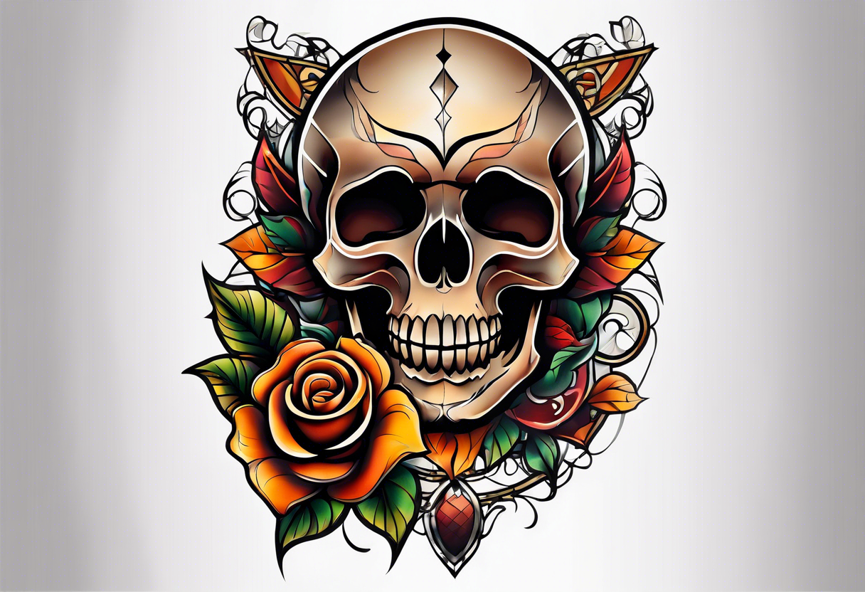 neo traditional Knee tattoo in fall colors showing a large skull with a rose in the style tattoo idea