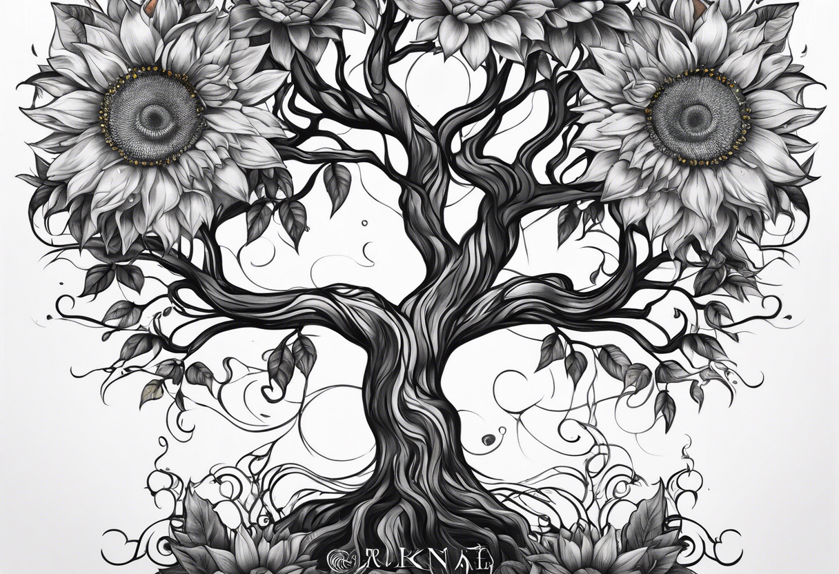 Feminine Yggdrasil tree with two sunflowers tattoo idea