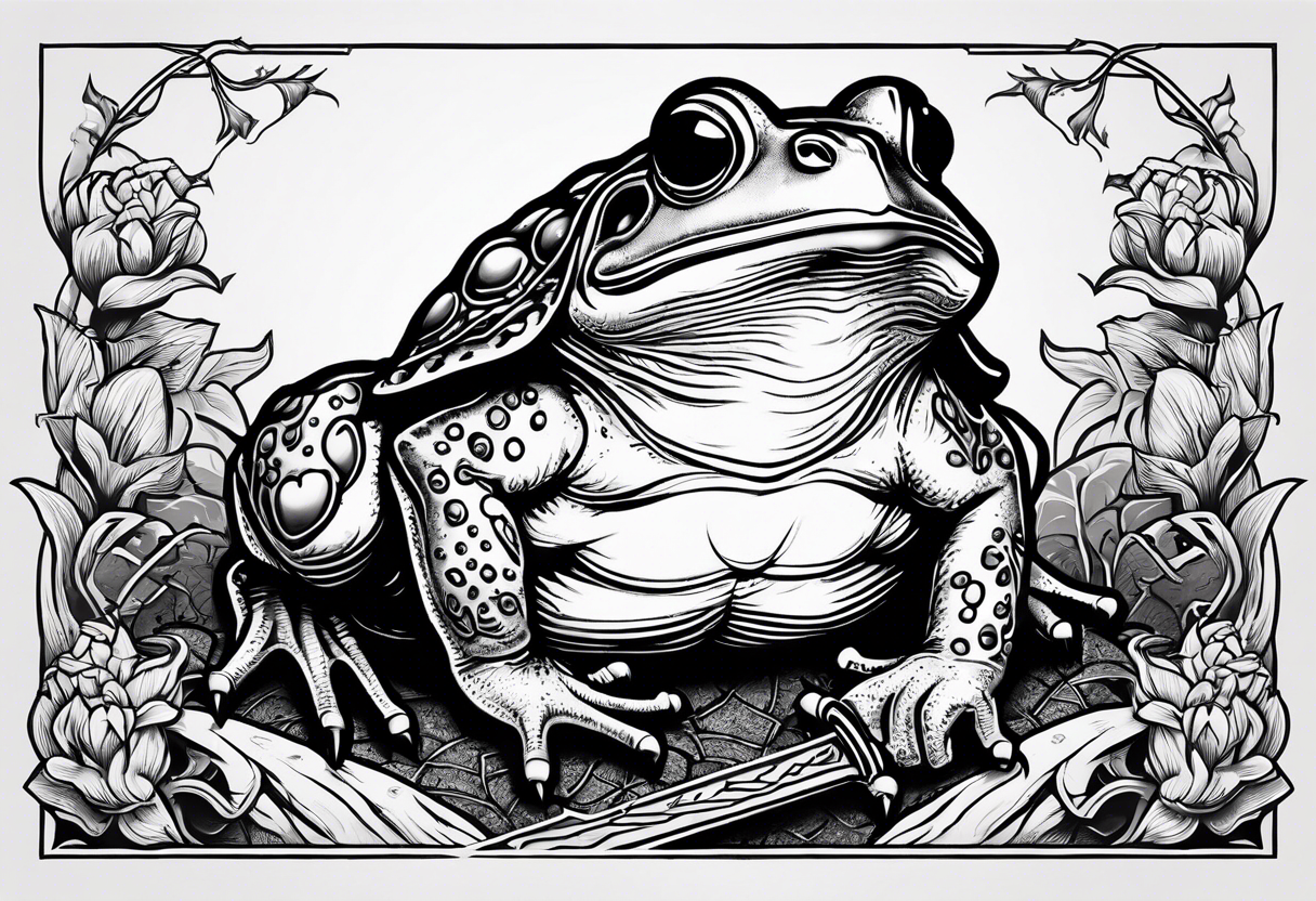 toad with sword; samurai sword Is pointing down(sword stuck in the ground) as if the toad was standing; no clothes tattoo idea