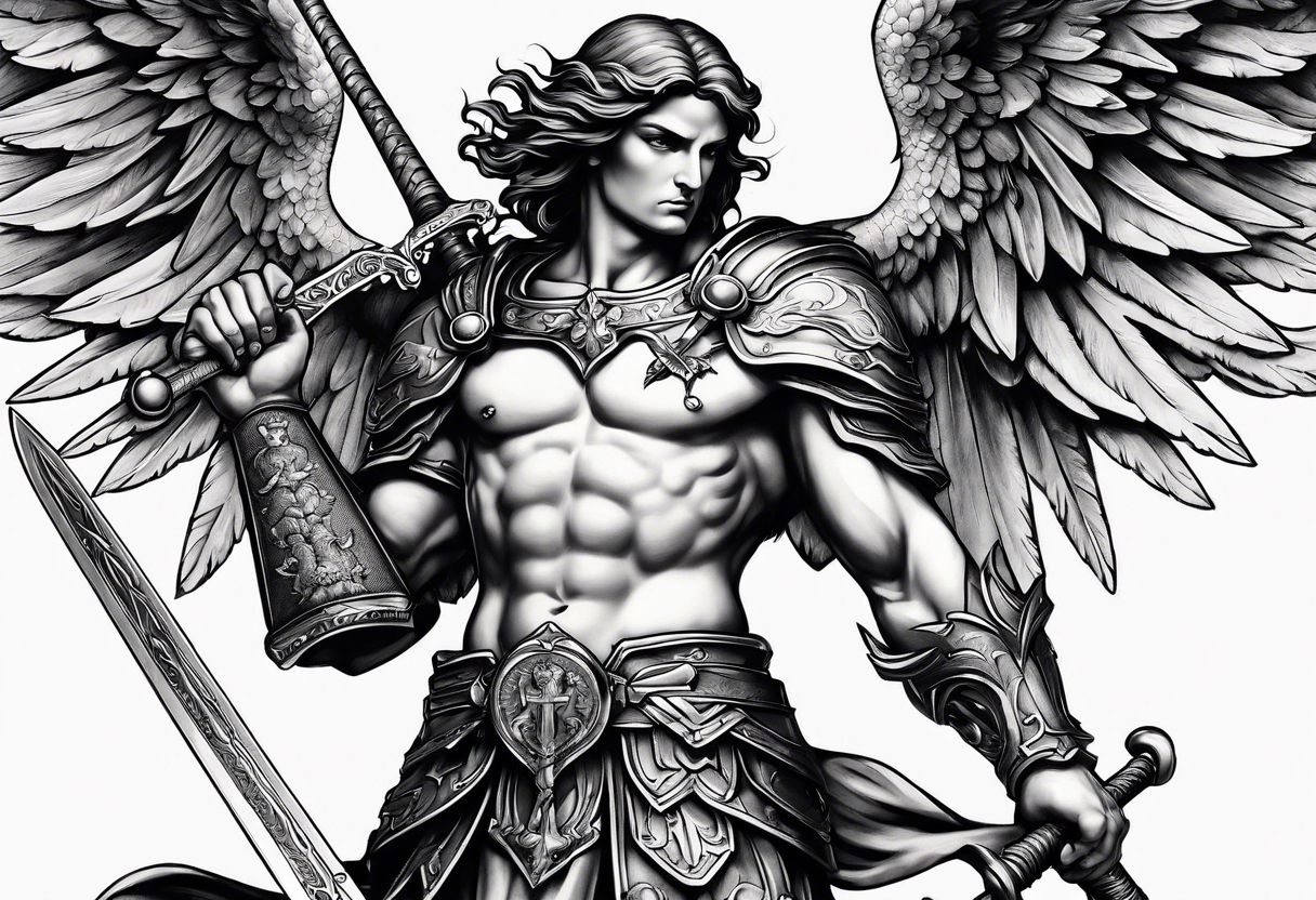 full body saint michael holding a sword slaying a demon tattoo idea