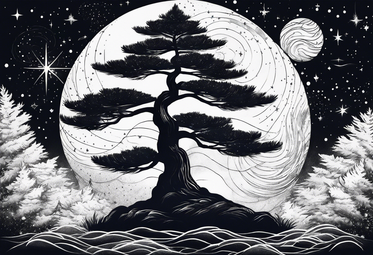 A pine tree in front of the constellation of Aquarius. No other stars should be used tattoo idea