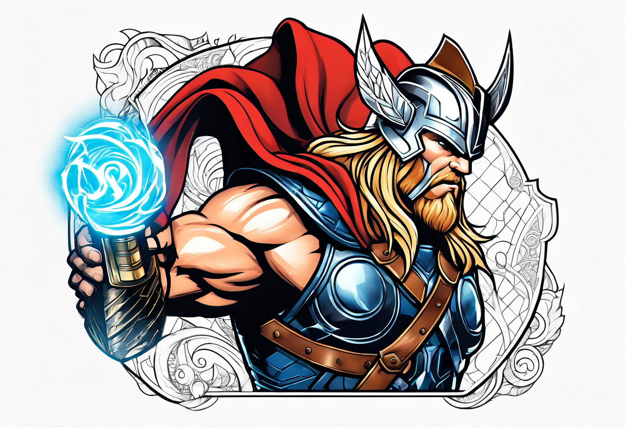 The Mighty Thor not so muscular profile with Mjolnir with the entire design shown tattoo idea