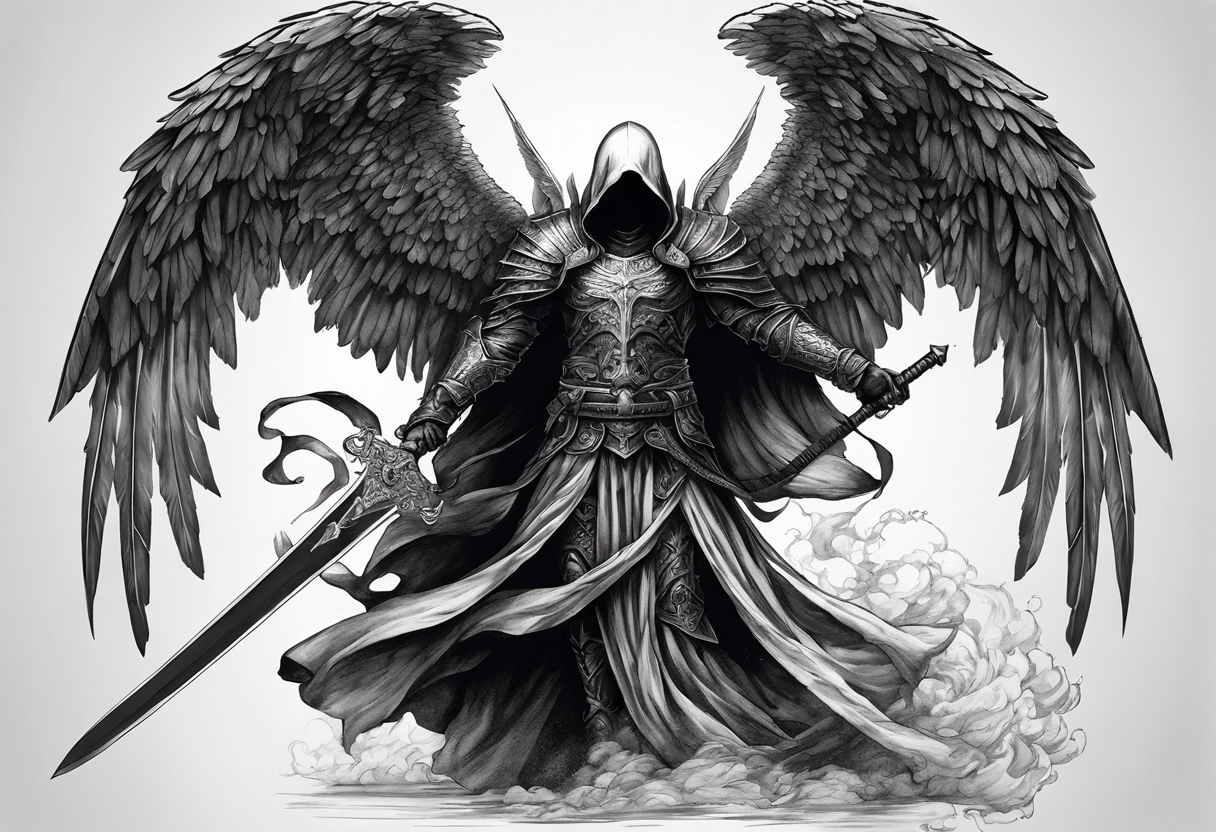 realistic full body of angel of death, no face, face is not visible, with wings holding only one sword in both hands, the edge of the sword is killing the skull tattoo idea