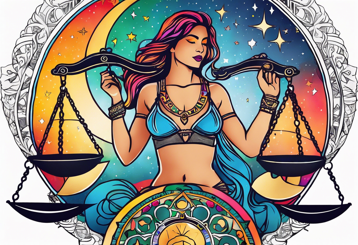 Libra woman holding scales with a night zodiac background including a half moon that encircles half of the woman with vibrant colors tattoo idea