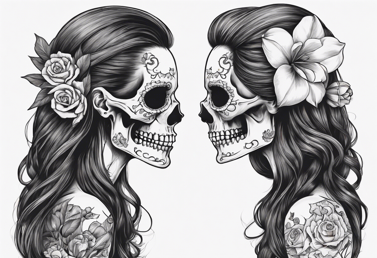 sideview of female skull with long open hair and tulip tuft in mouth and catrina painting, friendly mood tattoo idea