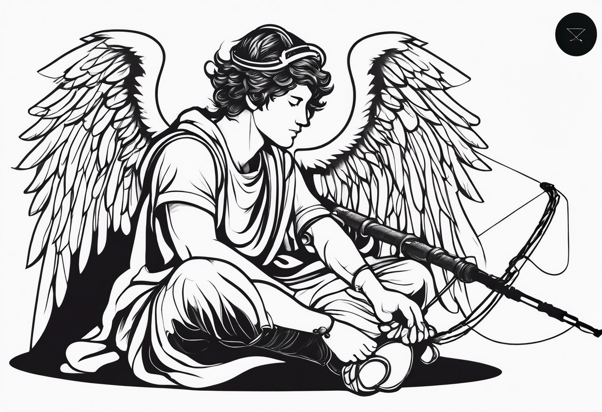 male angel with a halo sitting peacefully holding a modern fishing rod tattoo idea