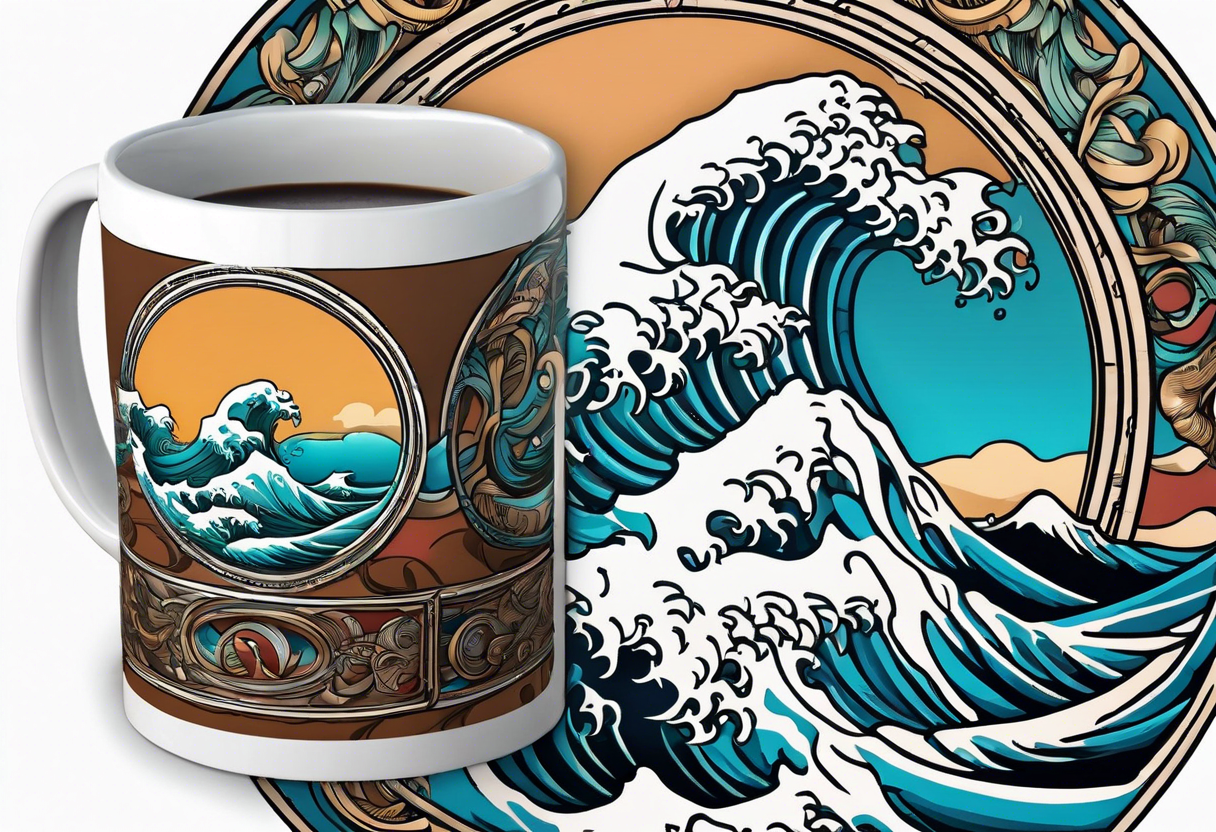 Circular retro design with coffee mug and ocean wave on mug tattoo idea