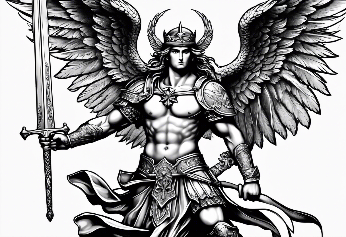 full body saint michael holding a sword slaying a demon tattoo idea