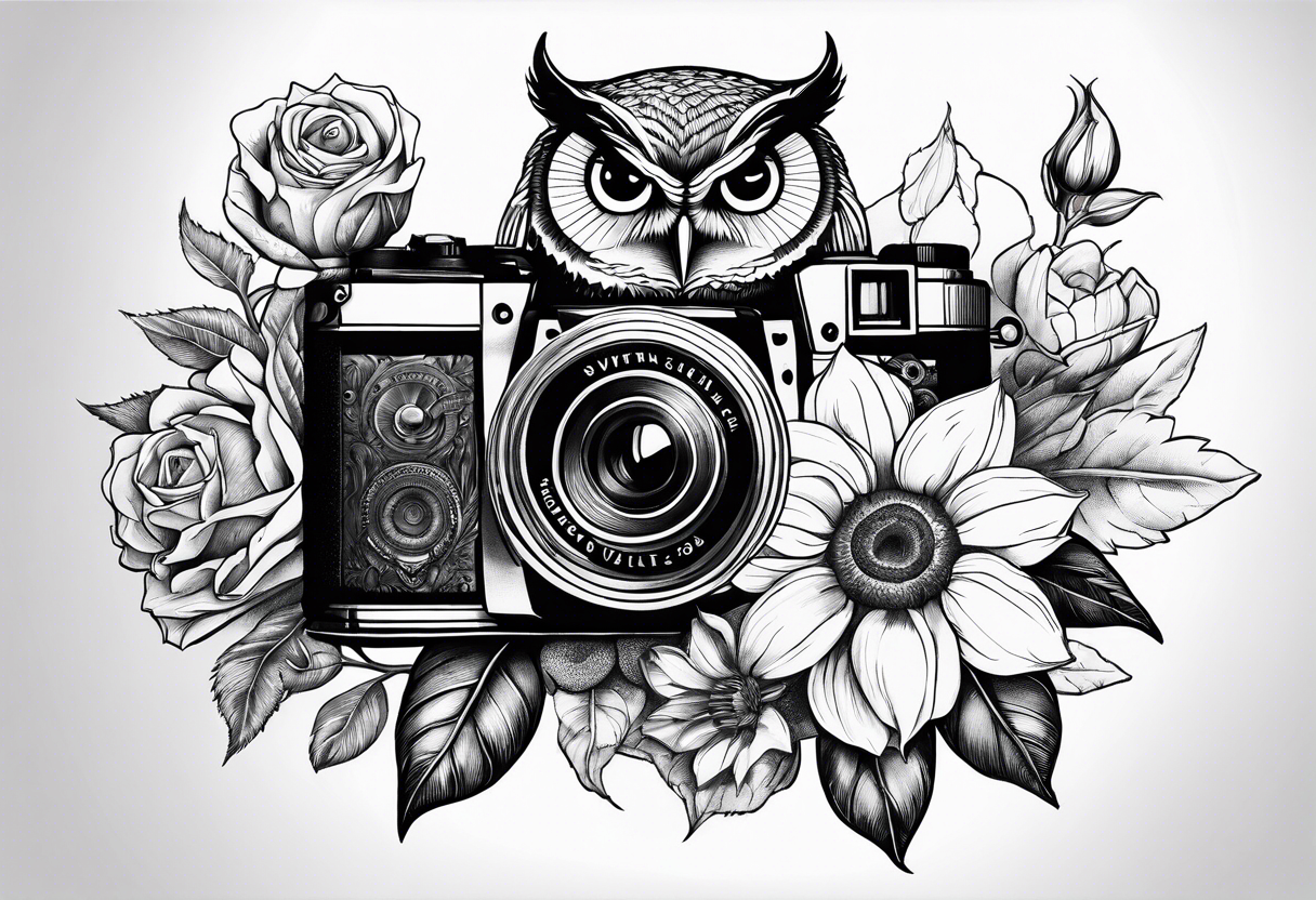 Sunflower, camera, book, owl, flower rose tattoo idea