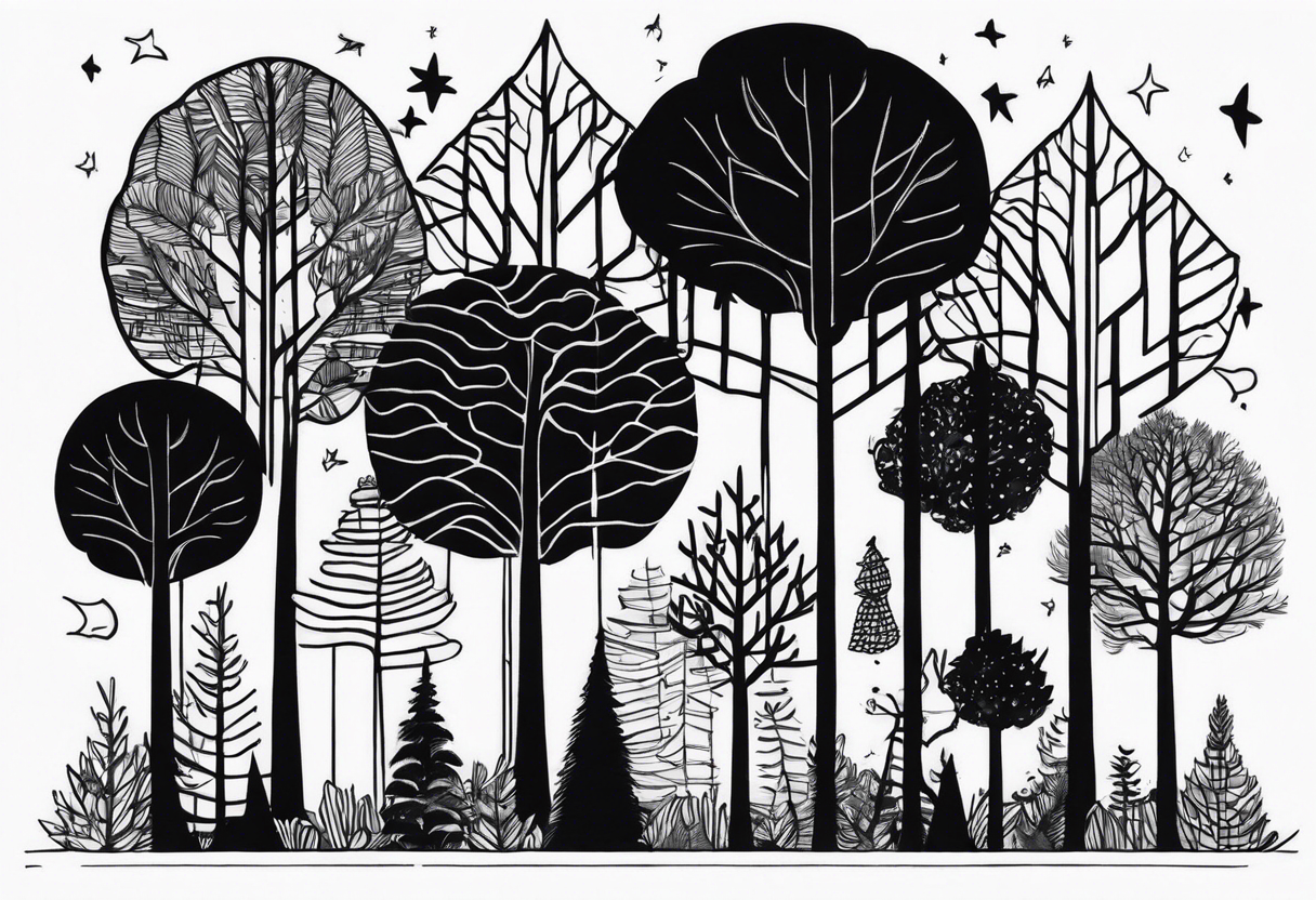 Draw me a Magical forest with s lot of trees in 2D and every tree is black and you see every treetop tattoo idea