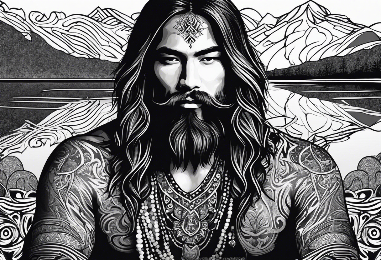 a meditating long haired man by the mountain river, the sky is covered with spiritual pattern tattoo idea