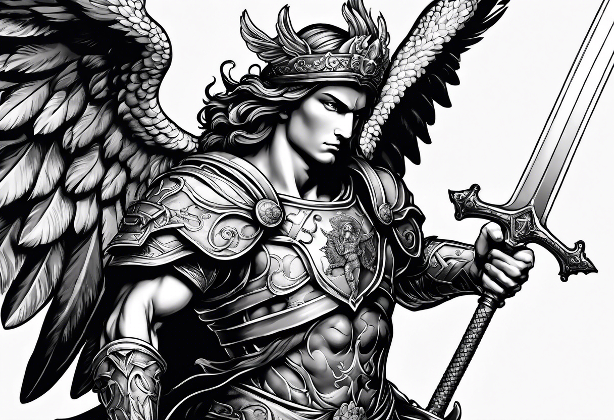 full body saint michael holding a sword slaying a demon tattoo idea